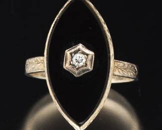 Ladies Art Deco Gold, Black Onyx and Diamond Nevette Ring