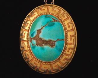Ladies Antique Gold and Turquoise Pendant on Chain