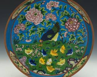 Chinese Large Cloisonne Footed Bowl with Bird and Floral Motif