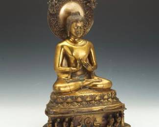 Large Tibetan Gilt Bronze Sculpture of Shakyamuni Buddha on Lotus Throne