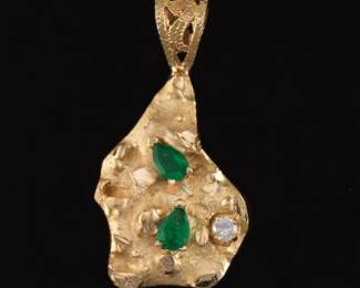 14K Gold Nugget Pendant with Diamond and Emeralds