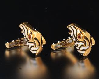 David Webb Pair of 18K Gold and Enamel Zebra Head Cufflinks