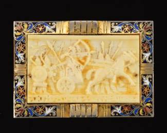 Arts Crafts Gilt Metal Champleve Enamelled and Carved Bone Pin Brooch Pendant, after Antiquity