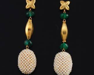 Ladies Pair of Gold, Emerald and Seed Pearls Dangle Earrings