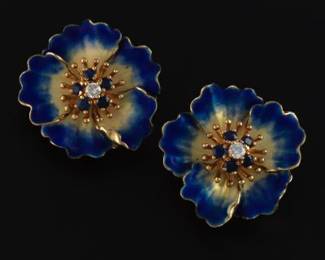 Exquisite Pair of Gold, Enamel, Blue Sapphire and Diamond Floral Earrings