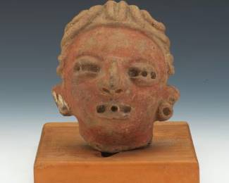 Aztec Style Pottery Ceremonial Head, on Wood Plinth