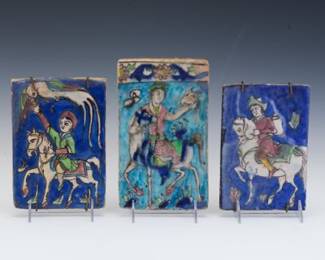 Group of Three Persian Glazed Ceramic Tiles, 19th Century
