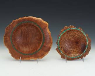 Two Turned Wood Bowls with Stone Inlay