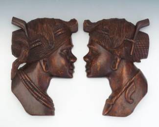 African Near Pair Carved Mahogany BassRelief Wall Plaques