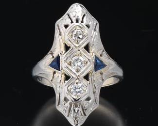 Ladies Edwardian Style Gold, Diamond and Blue Sapphire Ring