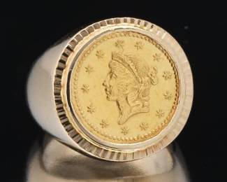 9K Yellow Gold Pinky Ring With Cast Replica of Type I $1 Gold Coin