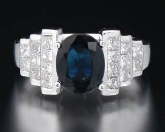 Ladies Gold, Blue Sapphire and Diamond Ring