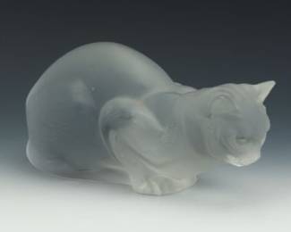 Lalique France Frosted Crystal Cat Sculpture Grimpette