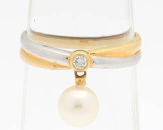 Ladies TwoTone Gold, Pearl and Diamond Band