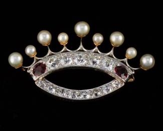 Edwardian Gold, Platinum, Diamond and Ruby Crown Brooch