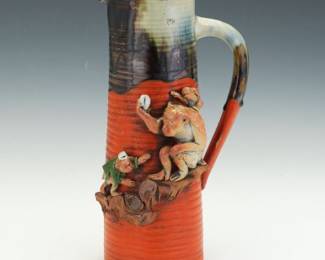 Sumida Gawa Monkey Scene Relief Pottery Pitcher, Japan, Mid20th Century