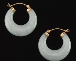 Ladies Pair of Gold and Carved Jadeite Jade Hoops