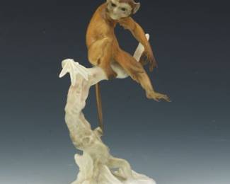German Animalier Style Porcelain Monkey on Branch, Marked HR, Mid20th Century