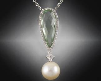 Ladies Gold, Green Beryl, Diamond and Pearl Pendant