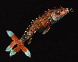 Chinese Silver and Enamel Koi Fish Articulated Charm Pendant