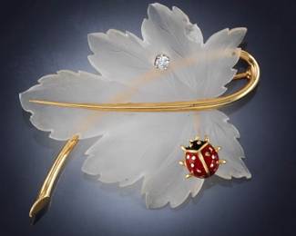 Ladies Elegant Gold, Diamond, Enamel, and Carved Rock Crystal Leaf Brooch, Marked Tiffany