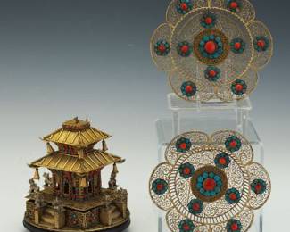Chinese Gilt Bronze and Peking Glass Personal Shrine Censor and Pair of Offerings Plates