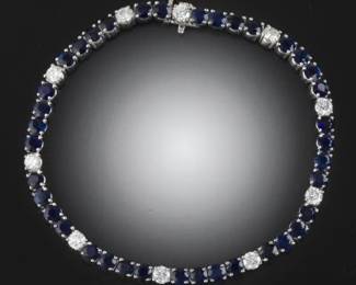 Ladies Gold, Blue Sapphire and Diamond Tennis Bracelet
