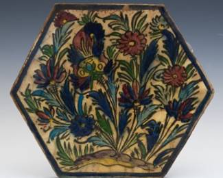 Hexagonal PersianStyle HandPainted Ceramic Tile, 19th Century