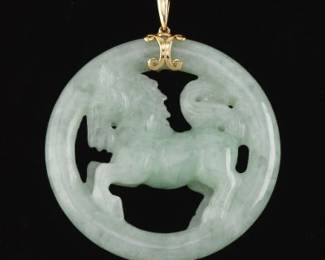 Chinese Gold and Carved Equestrian Jade Pendant