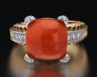 Vintage Ladies TwoTone Gold, Coral and Diamond Fashion Ring