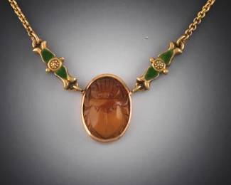 Antique Egyptian Revival Gold, Agate and Enamel Scarab Necklace