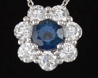 Ladies Gold, BlueTeal Sapphire and Diamond Slider on Italian Gold Chain