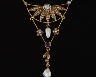 Victorian Gold, Diamond, Seed Pearls and Amethyst Lavaliere Necklace