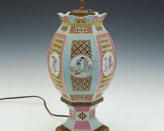 Antique Chinese Famille Rose Porcelain Reticulated Lantern Vase on Stand, as Lamp