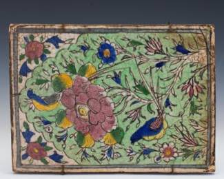 Persian HandPainted Ceramic Tile with Birds and Floral Motif, 19th Century