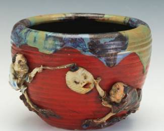 Sumida Gawa Pottery Jardiniere with Figural Decoration, Japan, Early to Mid 20th Century