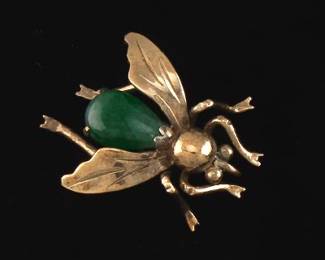 Ladies Gold and Green Jadeite Jade Fly Pin