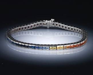 Ladies Gold and Rainbow Sapphires Line Tennis Bracelet