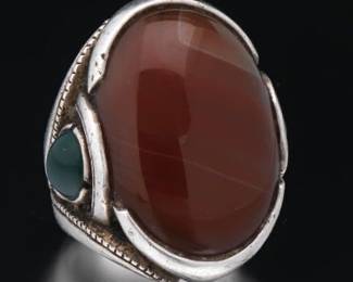 Gentlemens Egyptian Sterling Silver, Agate and Green Onyx Oversized Ring