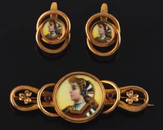 Victorian Renaissance Revival Gold, Enamel, Ruby and Seed Pearl Pin Brooch and Pair of Earrings