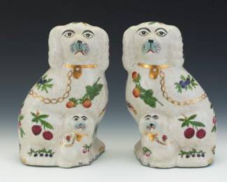 Pair of Antique Staffordshire King Charles Spaniel with Pups Porcelain Figurines