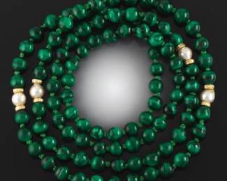 Ladies Continued Malachite, Pearl and Gold Necklace