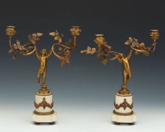 French Empire Pair of dOre Bronze and White Marble DoubleLight Figural Candelabra, ca. 19th Century