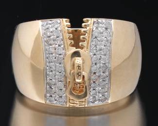 Ladies Novelty Gold and Diamond Zipper Dome Ring