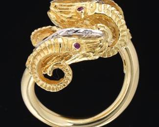 Ladies Gold, Diamond and Ruby Double Ram Heads Bypass Ring