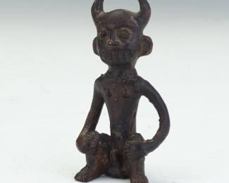 Cast Bronze Figure of a Seated Horned Spirit, Possibly West African, 20th century