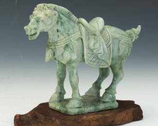 Chinese Tang Dynasty Style Carved Hard Stone Horse, on Burl Wood Base