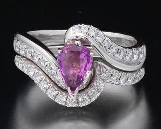 Ladies Two Gold, Pink Sapphire and Diamond Scroll Rings