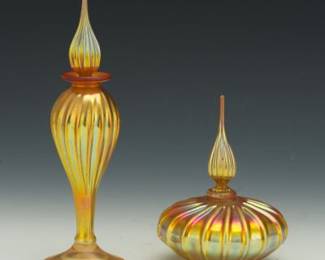 Two Steven Correia Iridescent Art Glass Perfume Bottles