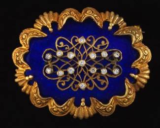 Victorian Style Gold, Cobalt Blue Guilloche Enamel and Diamond Pin Brooch